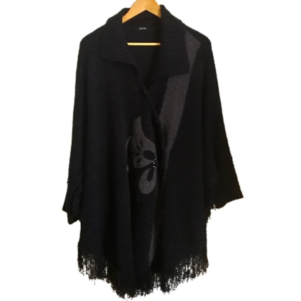 𝅺VINTAGE LACE Black & Embroidered Fringed Wool Oversized Cape Top One Size